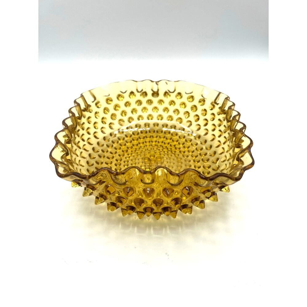 Vintage Amber Hobnail Ruffle Glass Bowl Square Candy Dish